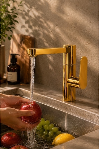 Lüx Premium Gold Silva 360 Oynar Borulu Lavabo Bataryası Özel Seri Modern Batarya Altın