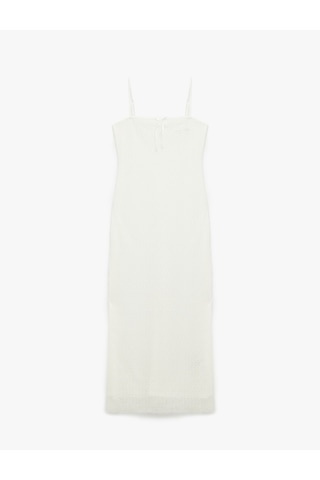 Koton İnce Askılı Fiyonklu Dokulu Bodycon Maxi Elbise Beyaz 5sak80005ek Beyaz