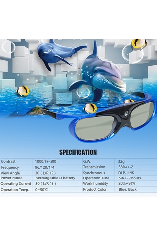 Vkemall Mavi Aktif Şeritli 3d Gözlük - Dlp Projeksiyoncular İçin Dlp-lınk İle Gerçekçi 3d Görüntüleme