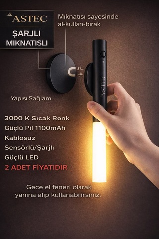 Astec Siyah 2 Adet Mıknatıslı Dekoratif Hareket Sensörlü Gece Lambası/el Feneri Şarjlı Gün Işığı Kahverengi