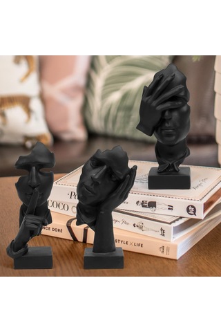 Tenfowee Koyu Siyah Modern Sanat Figürü Seti - Sessizlik, Görmememe, Düşünme Temalı Resin Heykel Dekor 3 Parça