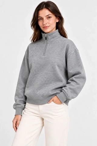 N11 Üç İplik İçi Şardonlu Dik Yaka Yarım Fermuarlı Kışlık Sweatshirt - Gri