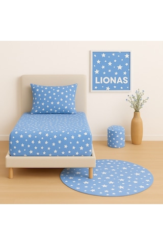 Lionas Desenli 120 X 200 Cm Ara Ölçü Mavi Yıldız Lastikli Çarşaf Ve Yastık Kılıfı Mavi