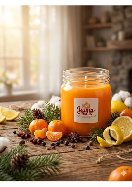 Mandalina Limon Ve Çam Kokulu Doğal %100 Soya Wax 200cc Kapaklı Cam Kavanoz Mum Turuncu