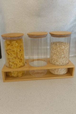 Qerhome Borosilikat Cam Bambu Stantlı Ve Bambu Kapaklı Optik Çizgili Baharatlık Seti 1400 Ml Alg11522 Amber