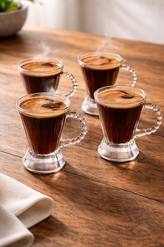4 Lü Cam Boncuk Kulplu Çay Kahve Bardağı Bardak Şeffaf