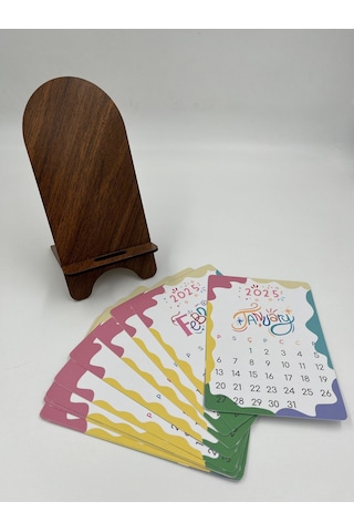 2025 Takvim - İngilizce Renkli Standlı Masaüstü Takvim- Ahşap Telefon Tutucu