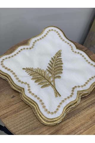 Nivemeshome Yaprak Nakışlı Gold Kare 6 Adet Keten Kokteyl Peçetesi Kahve Yanı Sunumluk Gold