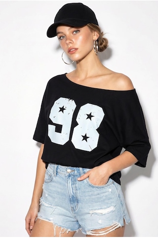 Shade Kadın Kayık Yaka Baskılı Oversize %100 Pamuk T-shirt Öt100005 60286270 - Siyah
