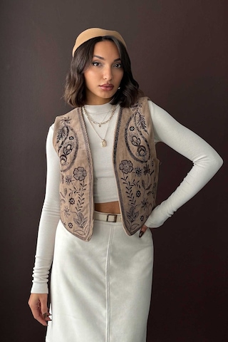 Verymoda Fitili Kadife Nakışlı Yelek Vmf2010 VİZON