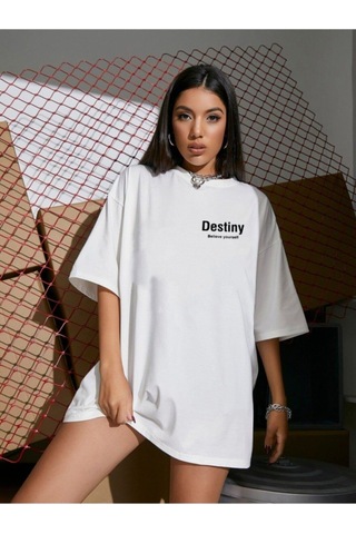 Flood Of Style Kadın Beyaz Destiny Baskılı Oversize Tshirt