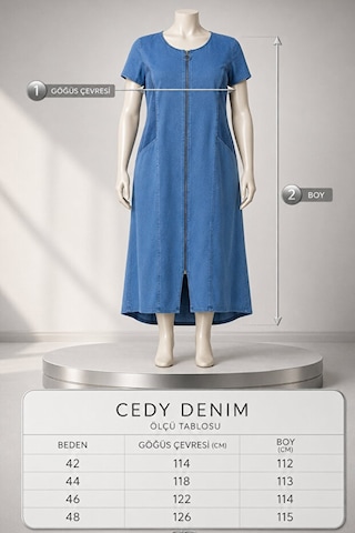 Cedy Denim Cedy Denım - Büyük Beden - Kadın Fermuarlı Taş Ve Dantel Detaylı Vintage Elbise C409 Mavi