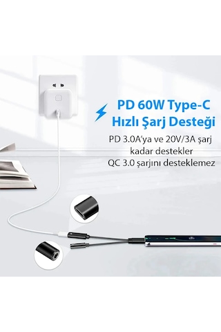 Ally iPhone Uyumlu 15 İçin Type-c Şarj + 3.5mm Kulaklık 2in1 Çevirici Adaptör- 5775 Renkli