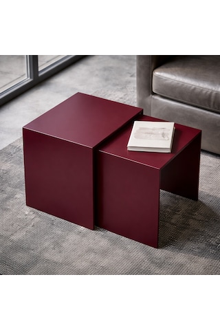 Modern Metal Zigon Sehpa Seti Minimal Tasarım İç İçe Geçen Yan Sehpa 2 Li Set Bordo
