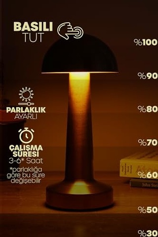 Şarjlı Mantar Masa Lambası Metal Dokunmatik 3 Işık Parlaklık Ayarlı Gece Masa Üstü Lamba Gold A4 Çok Renkli