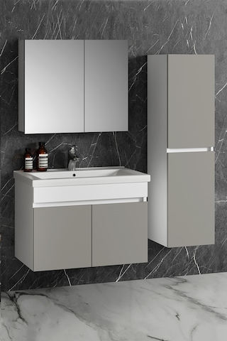 Çiğdem 80+35 Cm Beyaz-inox Balon Mdf Seramik Lavabolu Sepetli Asma Banyo Dolabı Takımı Beyaz - Inox