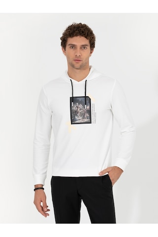 Beyaz Pamuk Karışımlı Kapüşonlu Baskılı Sweatshirt