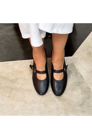 Ne&ve Shoes Siyah Deri Tokalı Kadın Babet