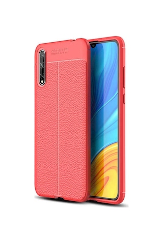 Kilifone - Huawei P Smart S Y8p Uyumlu Kılıf Deri Dikiş Görünümlü Niss Karbon Silikon Kapak - Kırmızı - T13926