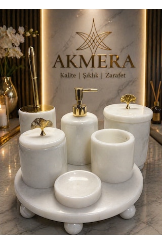 Mermer Top Ayaklı Standlı 7 Parça Lüks Banyo Seti Bakır - Beyaz Mermer Top Ayaklı Standlı 7 Parça Lüks Banyo Seti Bakır - Beyaz