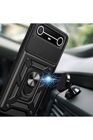 Ardemix Tecno Spark Slim 5g Kılıf Magnetik Standlı Kamera Korumalı Zore Sürgülü Vega Kapak - Siyah