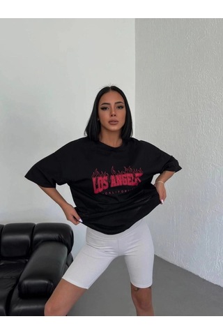 Freedom Storee Kadın Kısa Kol Yazlık Tişört Bisiklet Yaka Los Angeles Baskılı T-shirt - Siyah Çok Renkli