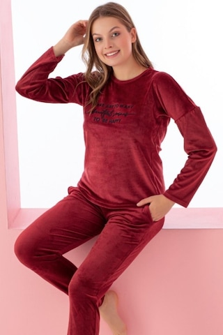 Farya Home Luxury Velvet Fransız Kadife Yazı Detaylı Pijama Takımı Bordo