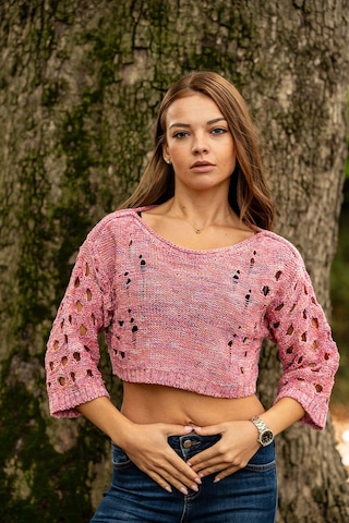Verdeblanco Yırtık Detaylı Örme Crop Top Açık Pembe