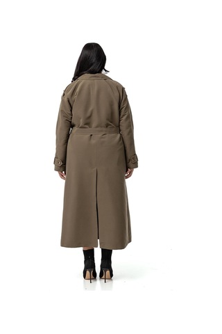 Büyük Beden Mono Yaka Kruvaze Kapamalı Yırtmaçlı Astarlı Uzun Haki Trençkot-haki Haki