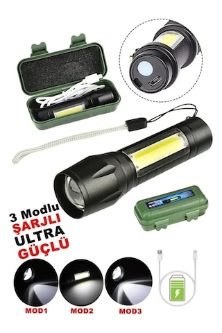 Derwell Usb Şarj Edilebilir Led Lamba El Feneri Küçük Taşınabilir Siyah