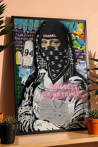 Chanel Maskeli Mona Lisa Çerçeveli Tablo Lüks Butik Güzellik Salonu Dekoru Street Art