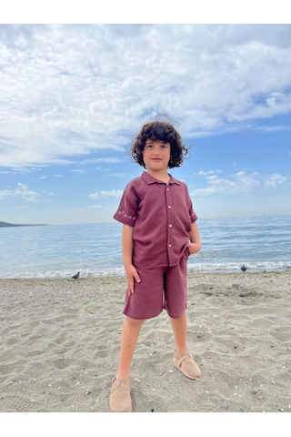 Cigit Kolları Nakışlı Gömlek Şort Keten Takım 2-7 Yaş Mürdüm Mürdüm