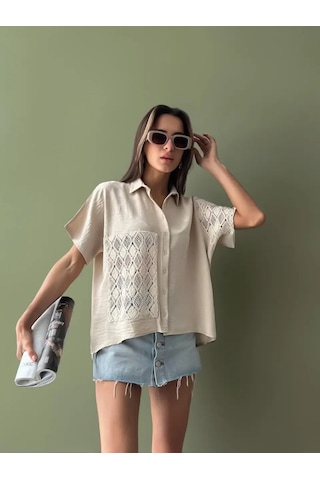 Kadın Keten Oversize Krem Dantel Detay Kısa Kollu Gömlek Krem
