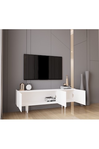 Capella Beyaz Country Mdf 3 Kapaklı Ahşap Ayaklı 140 Cm Tv Ünites