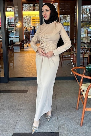 Neşeli Butik Kadın Likralı Düğme Detaylı Tesettür Elbise Nms046 Bej