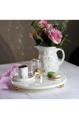 Akayev Mermer Beyaz 28 Cm Altın Boncuk Ayak Ginkgo Sunum Tabağı Beyaz