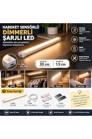 Hareket Sensörlü Şarjlı Led Lamba 30 Cm Gün Işığı