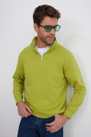 Tudors Unisex Relax Fit Rahat Kesim Pamuklu İçi Polarlı Yarım Fermuarlı Yeşil Dik Yaka Sweatshirt-35166 Yeşil