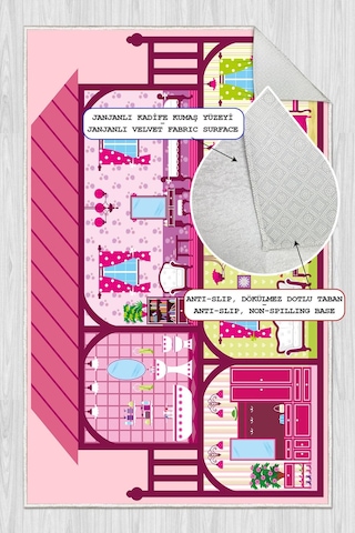 Dijital Baskılı Dekoratif Kaymaz Taban Yıkanabilir Prenses Evi Temalı Modern Çocuk Halısı Pembe