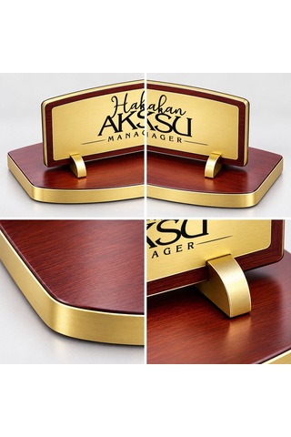Bk Gift Kişiye Özel Ahşap Masa İsimliği Gold Plakalı Bk27 -3 Çok Renkli