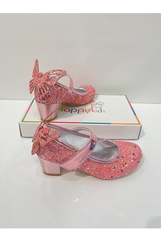 Butikhappykids Kız Çocuk Abiye Ayakkabı Pembe Kelebekli Pırıltılı Parti -doğum Günü Topuklu Kız Çocuk Ayakkabı Pembe