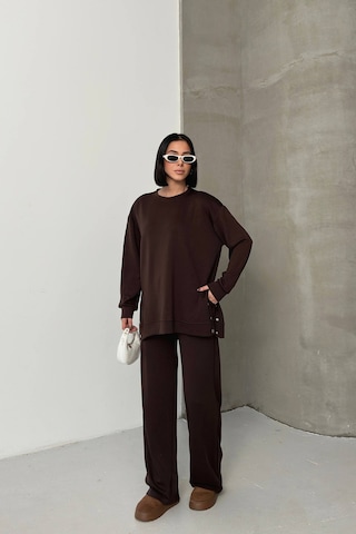Soft&basic Rahat Kesim Uzun Kollu Yanları Çıt Kapamalı Premium Yumuşak Kumaş Eşofman Takımı Kahverengi