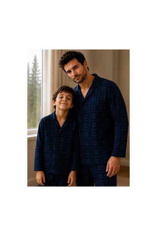 Free Beka Ekose Desenli Baba Oğul Uzun Kollu Gömlek Yaka Düğmeli Erkek Pijama Takımı Lacivert