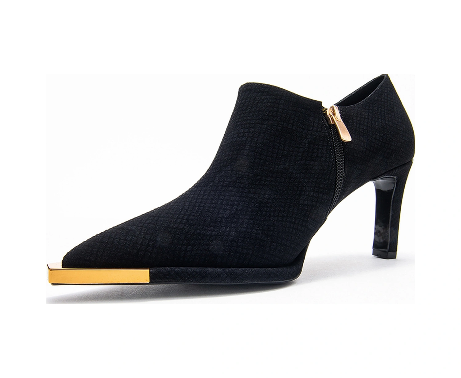 Sona Siyah Desenli Altın Detaylı Fermuarlı Kadın Bilekte Topuklu Ayakkabı Siyah Yılan