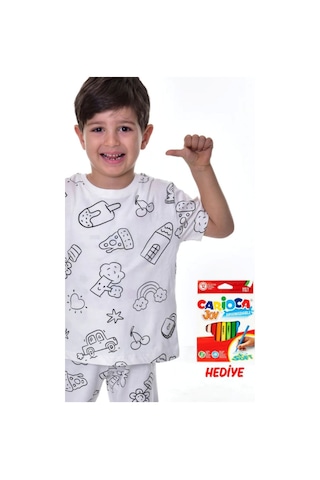 Zuzunga En Sevimli Figürler Özel Kalemi İle Boyanabilir Çocuk Pijama Takımı 12'li Kalem Seti Hediye Beyaz
