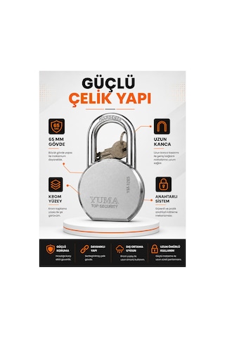 Yuma 65 Mm Uzun Kancalı Çelik Asma Kilit Ym-1265l Anahtarlı Güvenlik Kilidi