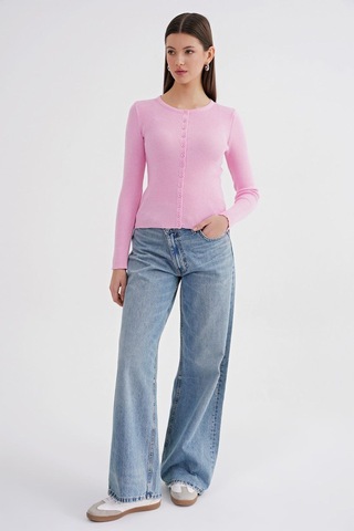 Hiccup Mixray Düğmeli Slim Fit Yivli Örgü Hırka Toz Pembe
