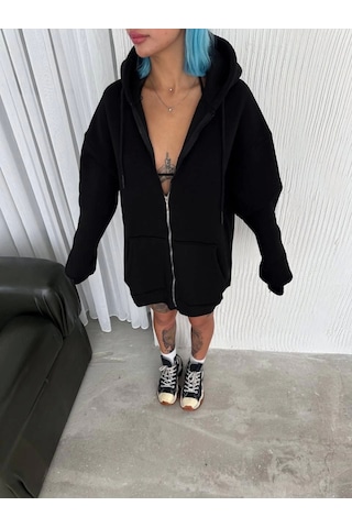 Leyla Sanat Sanata Yeni Bir Bakış Açısı Oversize Tam Fermuarlı Uzun Kol Hırka - Siyah Siyah