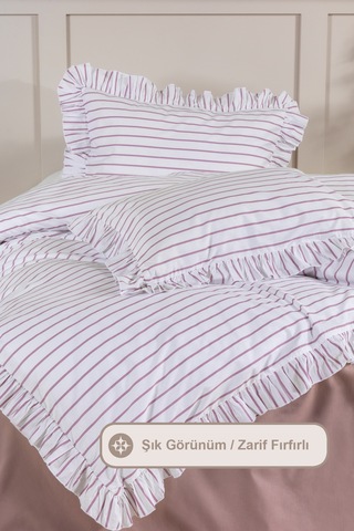 Elart Lara Nevresim Takımı Çift Kişilik Lastikli Çarşaf %100 Pamuk Ranforce Fırfırlı 200x220 Cm Gülkurusu Gülkurusu