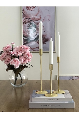 Kübra Özdemir Store Şık 3'lü Metal Gold Şamdan Seti Mumluk Hediyelik Gold Çok Renkli